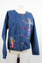 Vtg 80s Passports M Denim Flannel-Lined Embroidered Southwestern Applique Jacket - £38.64 GBP