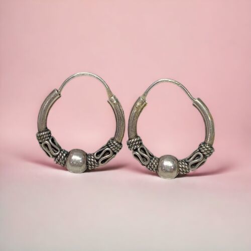 Primary image for Vintage Sterling Silver 925 Bali Hoop Earrings 