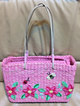 Pink Woven 100% CORN HUSK Handbag Sequin Flowers Bee Ladybug 12&quot;W Awesome Cute! - £10.11 GBP