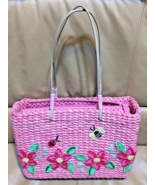 Pink Woven 100% CORN HUSK Handbag Sequin Flowers Bee Ladybug 12&quot;W Awesom... - £10.11 GBP
