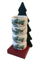 Christmas Napkin Rings Ceramic Holly Leaves Wooded Tree Stand Holiday Set of 4 - £13.18 GBP
