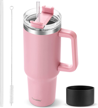 Tumbler with Handle Straw Pink Insulated Travel Mug Iced Coffee Cup Water Bottle - £30.37 GBP
