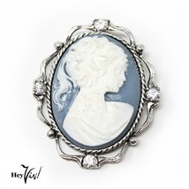 Vintage 1980s New Old Store Stock Blue and White 2&quot; Cameo Pin Brooch - Hey Viv - £12.74 GBP