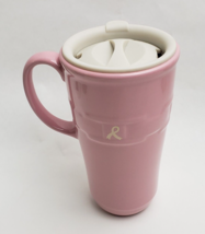 Longaberger Pottery Woven Traditions Travel Mug Cup Pink Horizon of Hope Lid - £19.42 GBP