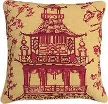 Throw Pillow Chinoiserie Asian Pagoda 18x18 Red Cotton Velvet Back Wool - £231.01 GBP