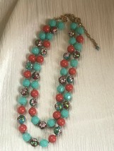 Estate Double Strand Coral &amp; Turquoise Plastic w Floral Cloisonne Beads Necklace - £13.34 GBP