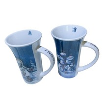 Christmas Winter Time Pair of Latte Mugs Coffee Tea Cups Blue sayings on... - $19.82