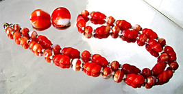 Art Deco Czech Long Necklace &amp;Earrings Red Orange Gablonz Beads 1940s - $48.00