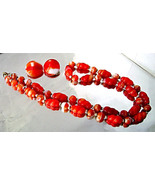 Art Deco Czech Long Necklace &amp;Earrings Red Orange Gablonz Beads 1940s - £38.57 GBP