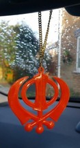LARGE Orange Acrylic Khanda Punjabi Sikh Pendant Car Rear Mirror Hanging Chain - £9.79 GBP