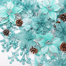 56Pcs Green Poinsettia Christmas Decor Artificial Flowers Pine Cone Tree... - $33.98