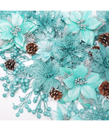 56Pcs Green Poinsettia Christmas Decor Artificial Flowers Pine Cone Tree... - $626.98 MXN
