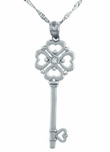 14k White Gold Valentines Special Heart Round Diamond Key Pendant Necklace - £189.70 GBP+