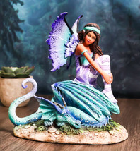 Amy Brown Fantasy Magic Turquoise Ebony Fairy Perching On Water Dragon Figurine - £47.84 GBP