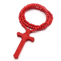 Red Large Wood Jesus Crucifix Cross Pedant Necklace Christian Jewelry Ball Chain - £11.04 GBP