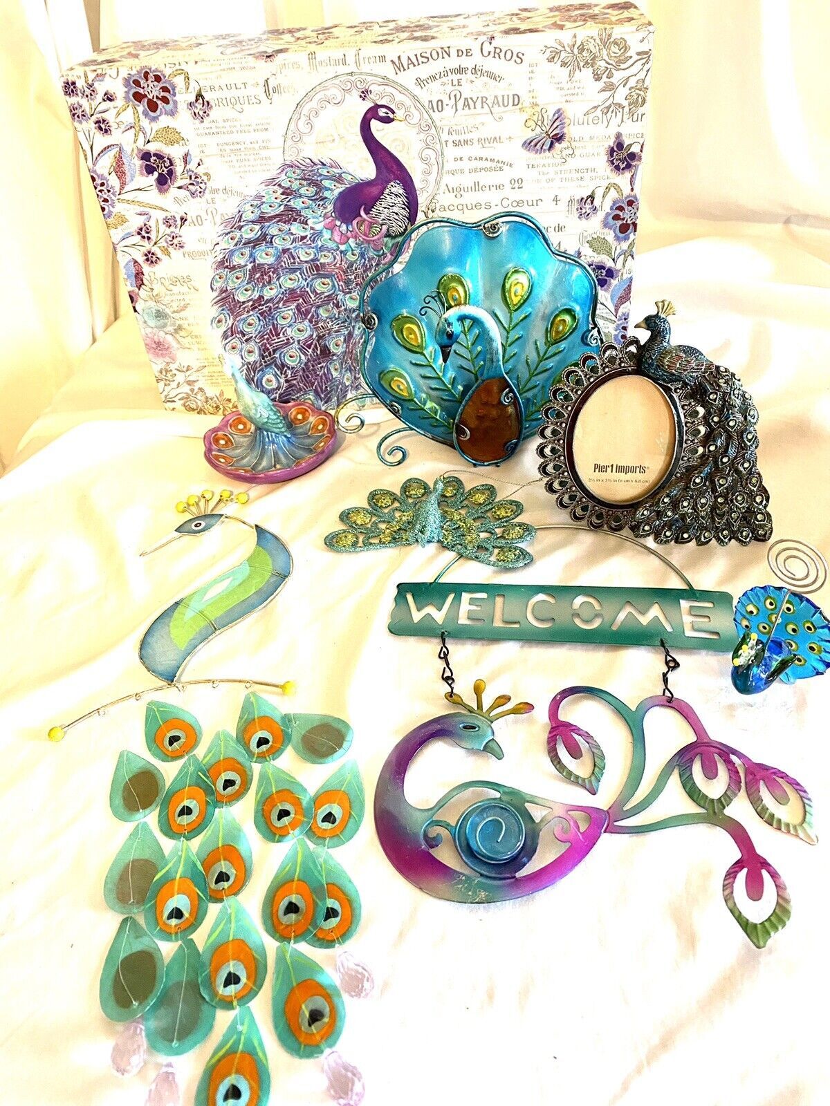 Peacock Accessories Lot Windchime Ring Holder Frame Glass Candle Holder and More - $38.40