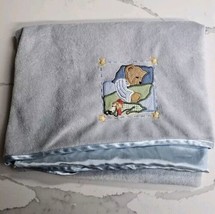 Blue Jean Teddy Bear Sleeping Baby Blanket Satin Trim Satin Back Springs - $32.62