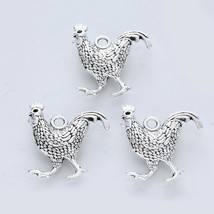 4 Rooster Charms Chicken Pendants Antiqued Silver Farm Animal Pendants 2 Sided - £2.43 GBP