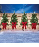 Set of 4 Solar Christmas Trees w Red Bow Patio Porch Fence Outdoor Holid... - $395.36 MXN