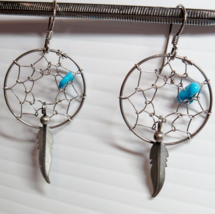 Sterling Silver Pierced Earrings Dream Catcher  Feather Dangle Turquoise Stones - £18.99 GBP