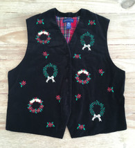 Karen Scott Womens L Christmas Black Velvet Embroidered Vest Wreath Poinsettias - $31.20