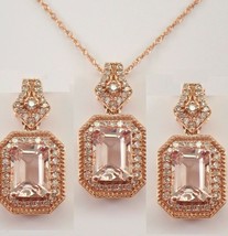 6CT Lab Created Morganite Vintage Pendant &amp;Earring Set Solid 14k Rose Gold Over - £127.04 GBP