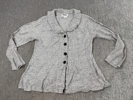 FLAX Shirt Womens Small Gray 100% Linen Button Front Ruffle Collar Crinkle - $29.69