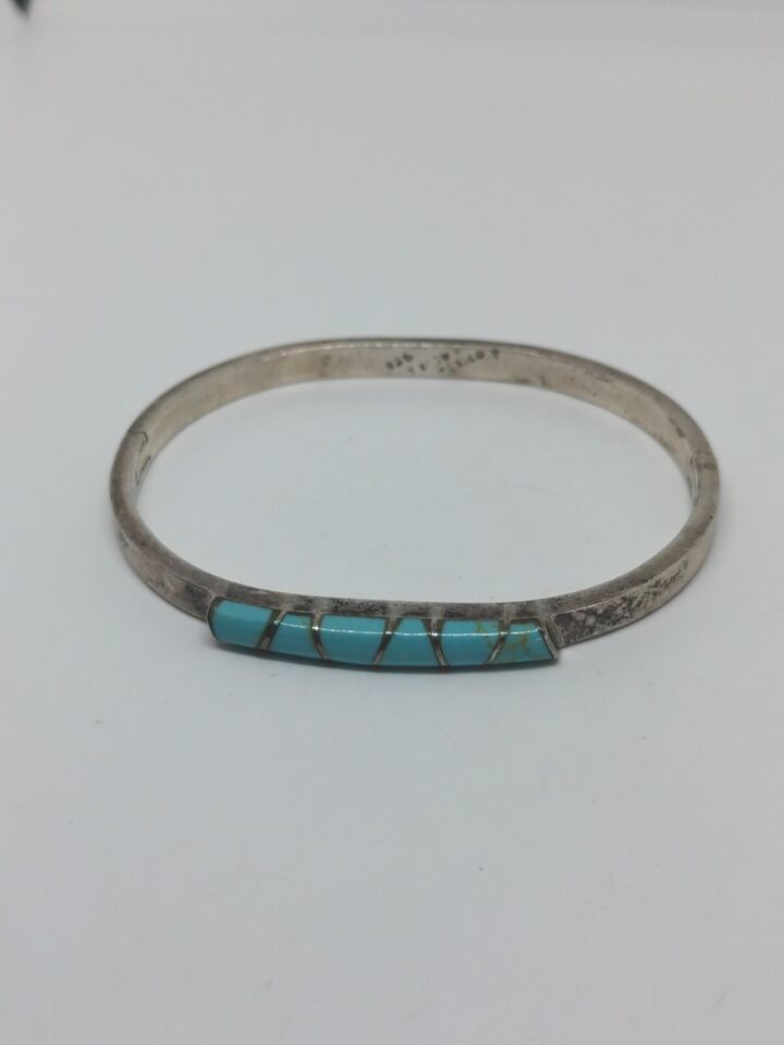Primary image for Vintage Sterling Silver 925 Blue Turquoise Mexico Hindged Bangle Bracelet 7"