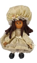 Vtg Wooden Clothespin Doll Prairie Bonnet Yellow Polka Dot Dress  Curly Brown - £12.65 GBP