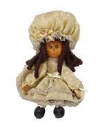 Vtg Wooden Clothespin Doll Prairie Bonnet Yellow Polka Dot Dress  Curly ... - $21.83 CAD