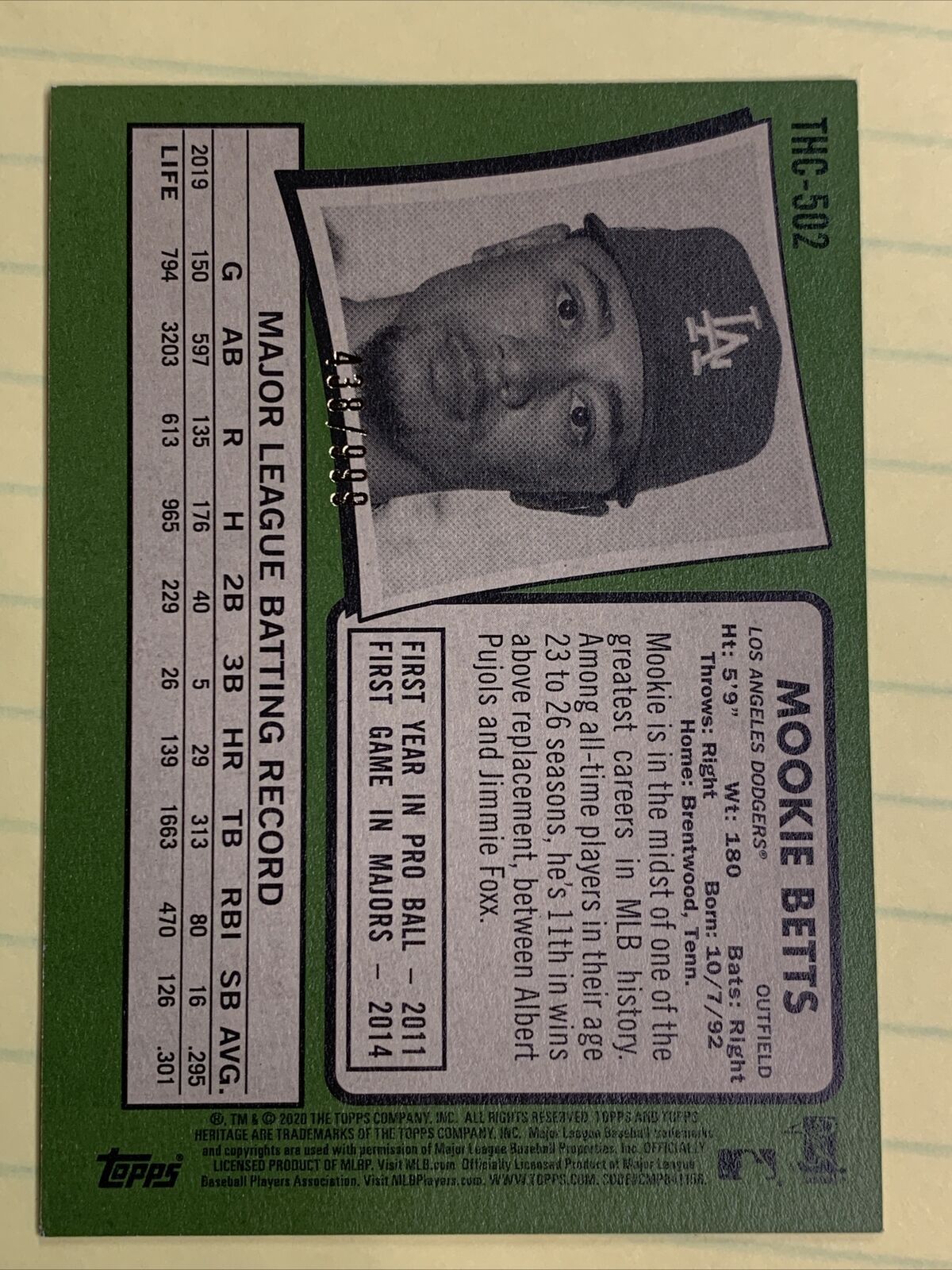 Mookie Betts 2020 Heritage High Number Black Chrome Variation #438/999 Dodgers Item image 2