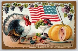 Thanksgiving Greetings Turkey American Flag 1911 Postcard C40 - $4.95