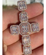 Baguette Simulated Diamond 925 Silver Cross Pendant Chain 14k Rose Gold ... - $145.80