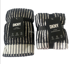 DKNY Soft 100% Cotton Hand Towels Facecloths Black White Stripe Bathroom - £52.61 GBP