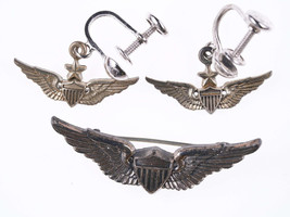 Vietnam War Era Sterling pilot wings sweetheart pin and screw back earrings - $109.15