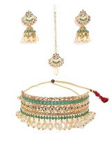 Green Stones Traditional Choker Necklace, Earring &amp; Maangtikka Set For W... - $26.71