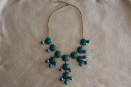 2 Tone Statement Bib Necklace Green Blue Acrylic Bubble Gold Tone Chunky 25&quot;+ - $20.00