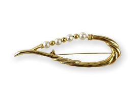 Faux Pearl Bead Brooch Pin Long Twisted Design VTG Gold Tone Metal  - $14.40