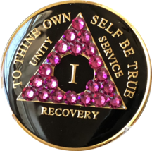 1 Year AA Medallion Fuschia Pink Swarovski Crystal Black Tri-Plate Sobriety Chip - £18.16 GBP