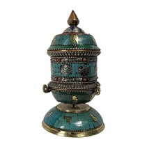 Antique Tibetan Buddhist Brass Inlay Turquoise Prayer Wheel 10&quot; H  - £194.43 GBP