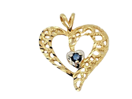 14K Heart Filigree Sapphire Pendant 1” Long Genuine Natural Stone - £59.63 GBP