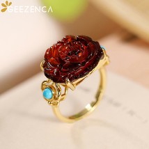 925 Sterling Silver Gold Plated Red Amber Rose Ring For Women Turquoise Flower T - £71.96 GBP