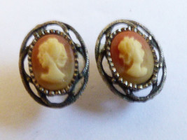 Vintage Small  Silver Tone Metal Lady Cameo earrings - £8.86 GBP