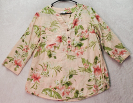Croft &amp; Barrow Blouse Top Women Medium Multi Floral Cotton Pockets V Neck Button - £8.11 GBP