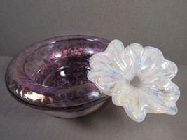 Art Glass Votive Candle Holder Trinket Dish Purple &amp; Applied Opalescent Petunia. - $24.77