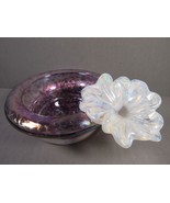 Art Glass Votive Candle Holder Trinket Dish Purple &amp; Applied Opalescent ... - £19.47 GBP