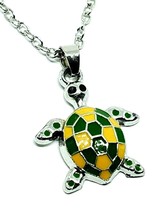 Turtle Enamel Pendant Necklace 18&quot; Chain Patience Wisdom Green Yellow Enamel - £5.26 GBP
