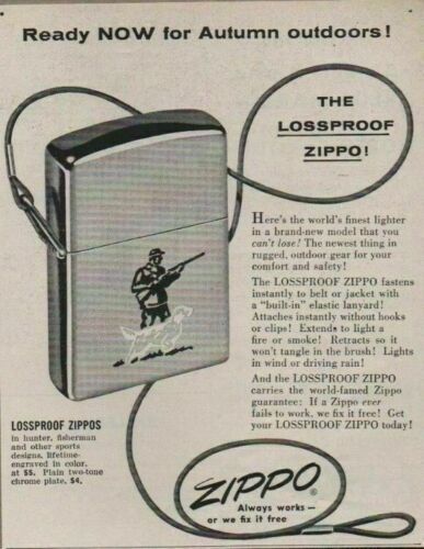 1955 Print Ad from Magazine Zippo Lighters Lossproof Fishing Hunting - $10.19