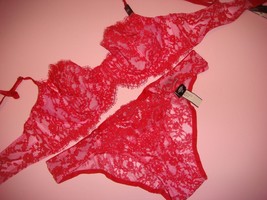 NWT Victoria&#39;s Secret 34B unlined BRA SET S panty RED pink FLORAL lace V... - £54.29 GBP