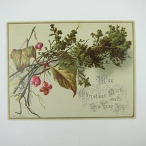 Victorian Christmas Card Raphael Tuck &amp; Sons Pink Flowers Green Bough Antique - £4.74 GBP